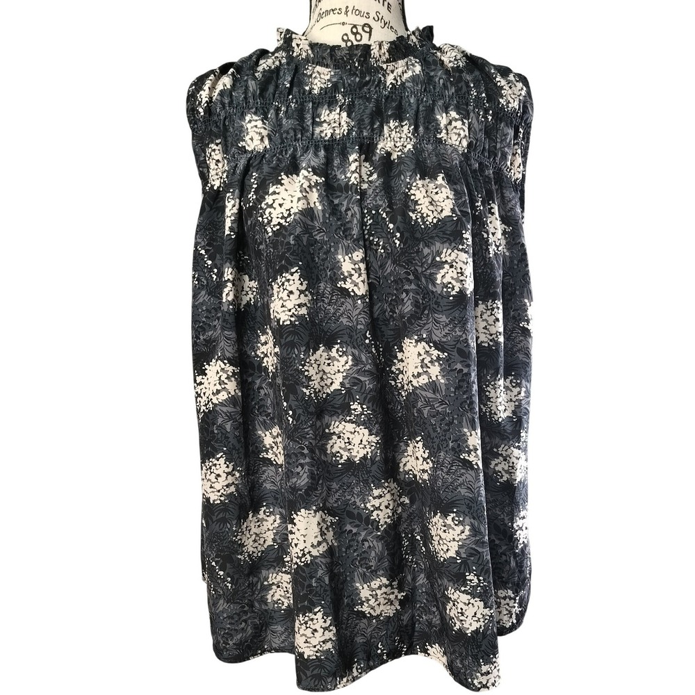 Joie Womens‎ XL Dark Floral Smocked High Neck Sleeveless Blouse Grey Black White